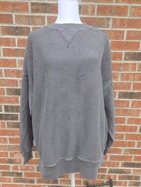Aerie Oversized Charcoal Grey Ribbed Knit Crewneck Sweater Distressed XS